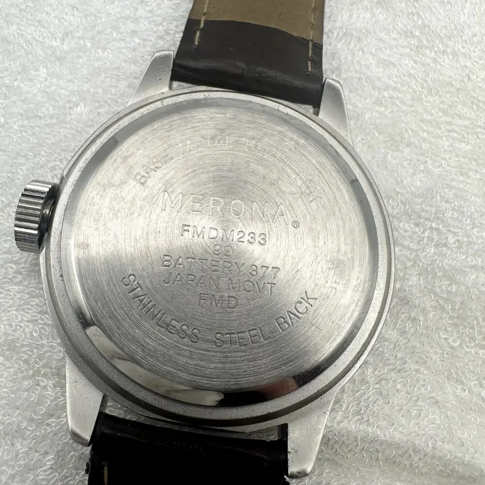 Merona FMDM233 Quartz Watch Silver Tone Case Cream Dial Black Strap